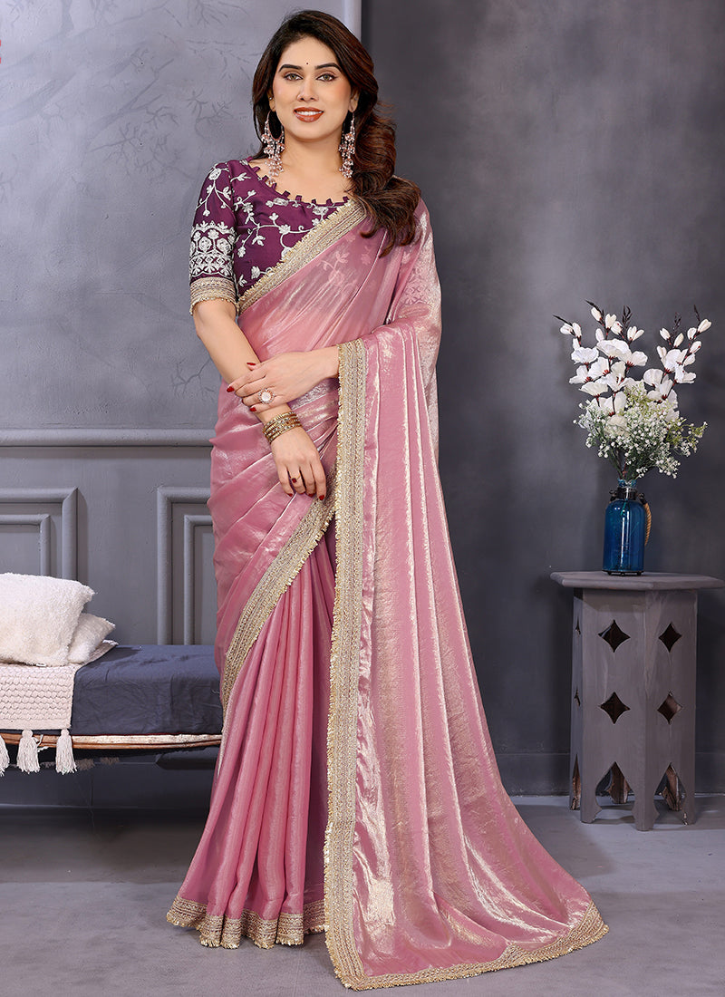 Vellora Pink Fandy Satin Designer Embroidery Work Saree | Grocsy