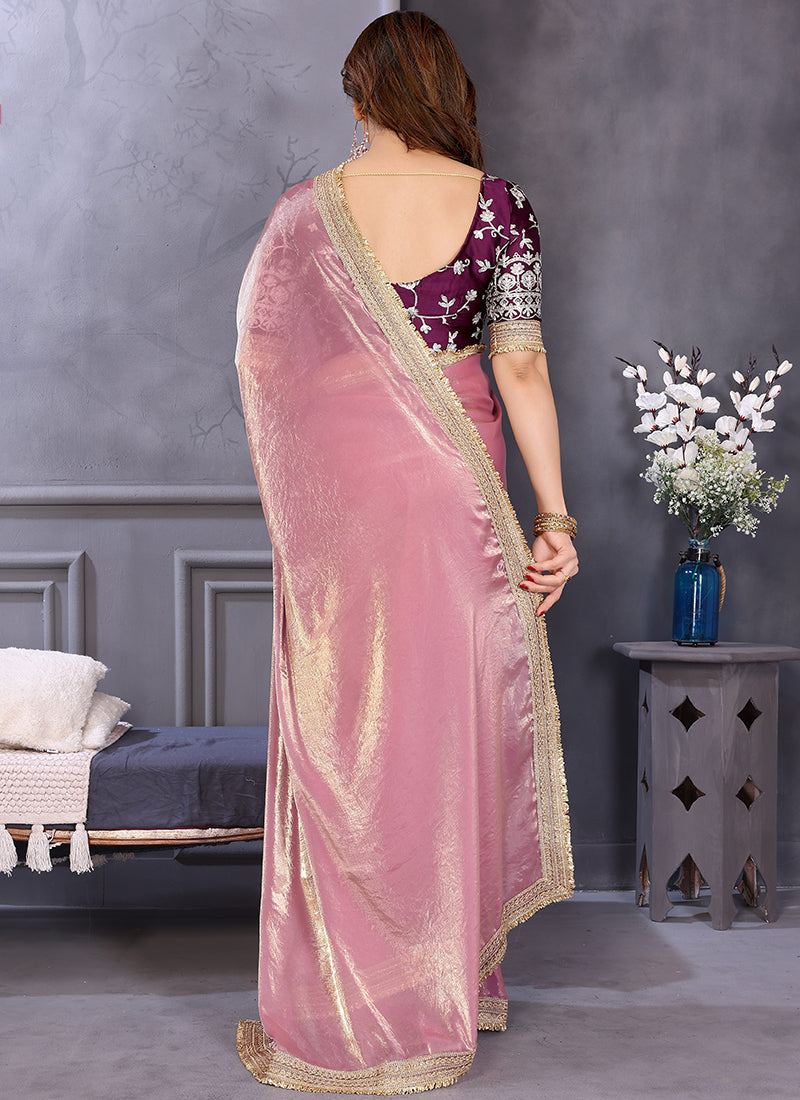 Vellora Pink Fandy Satin Designer Embroidery Work Saree | Grocsy
