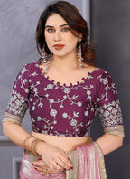 Vellora Pink Fandy Satin Designer Embroidery Work Saree | Grocsy