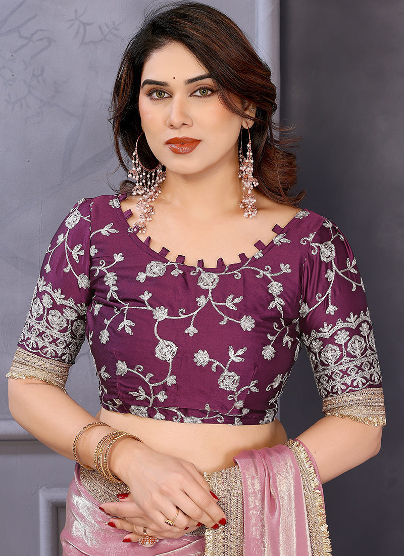 Vellora Pink Fandy Satin Designer Embroidery Work Saree | Grocsy