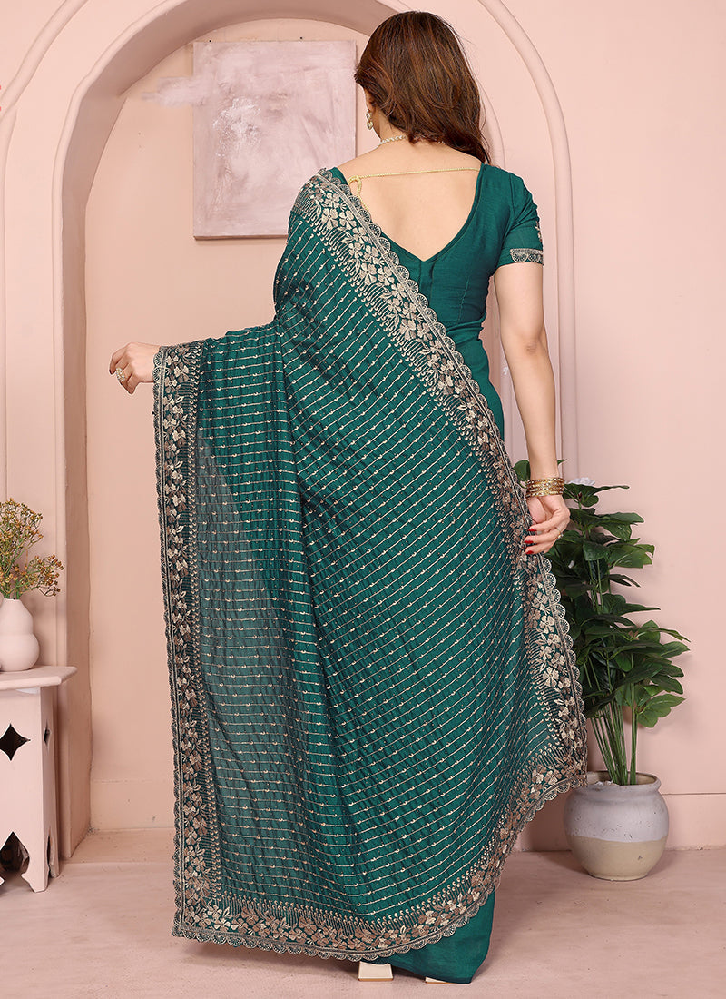 Vellora Green Vichitra Zari Embroidery Work Saree | Grocsy