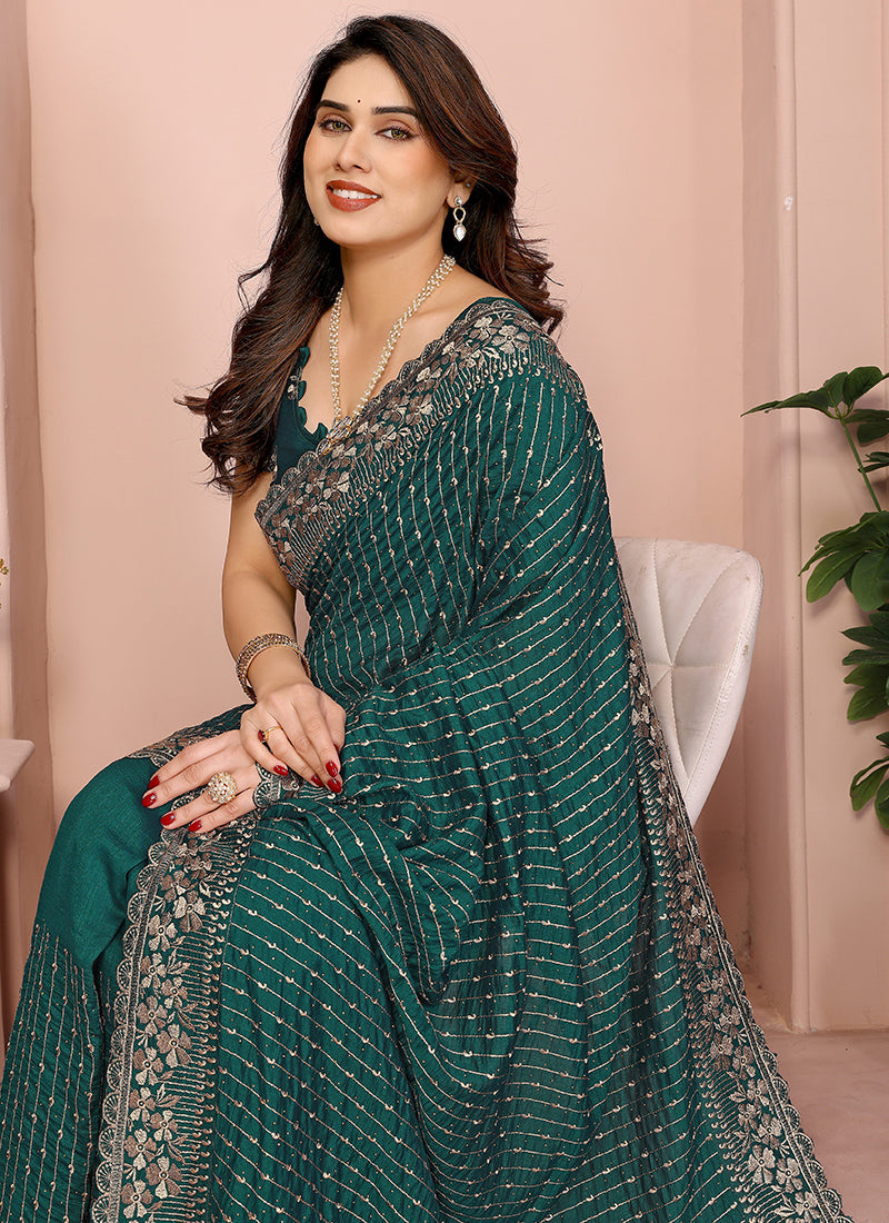 Vellora Green Vichitra Zari Embroidery Work Saree | Grocsy