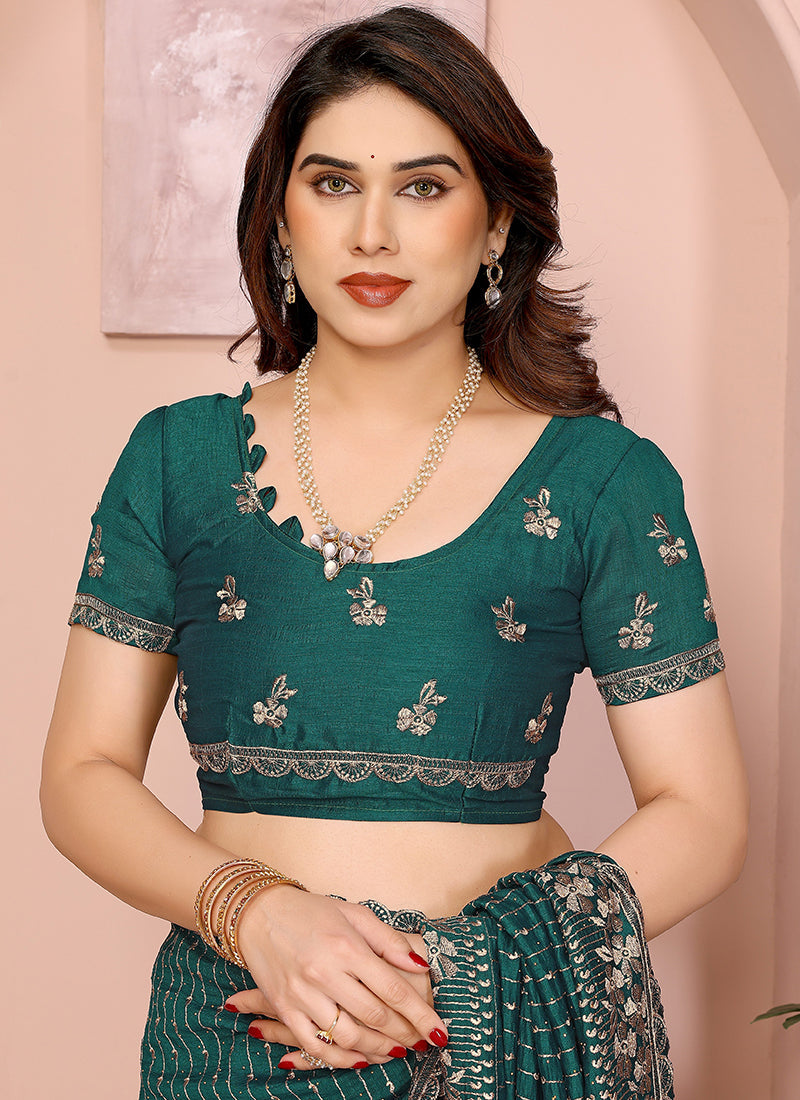 Vellora Green Vichitra Zari Embroidery Work Saree | Grocsy