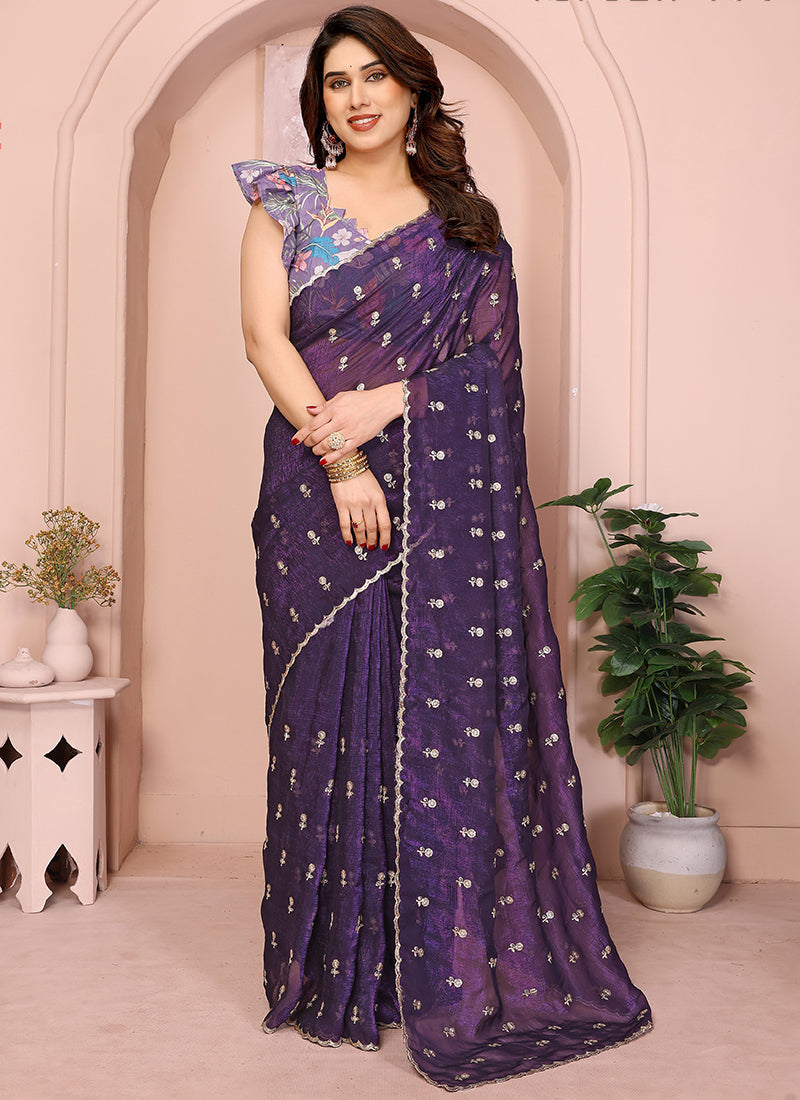 Vellora Violet Crunchy Cruss Festival Wear Embroidery Work Saree | Grocsy
