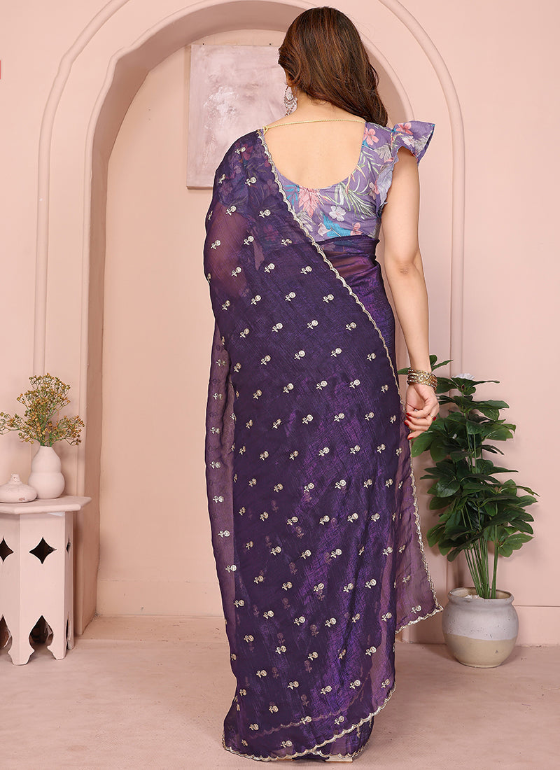 Vellora Violet Crunchy Cruss Festival Wear Embroidery Work Saree | Grocsy