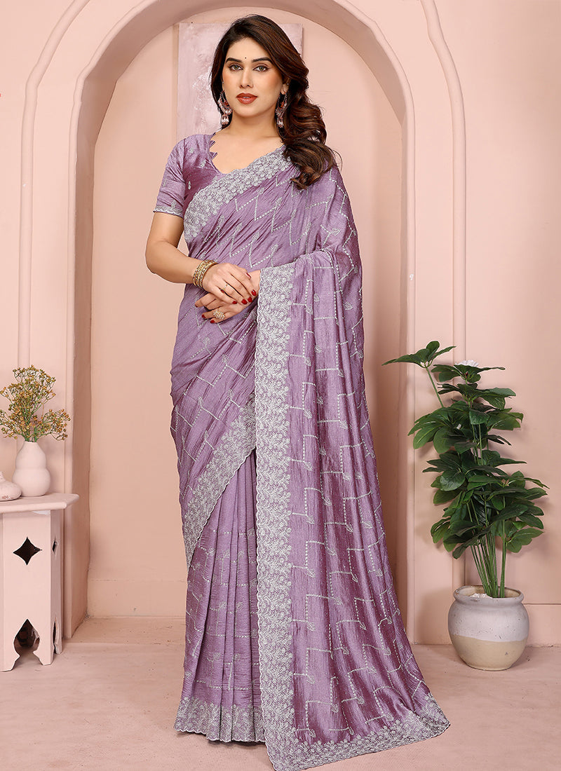 Vellora Dusty Pink Vichitra Embroidery Work Designer Saree | Grocsy