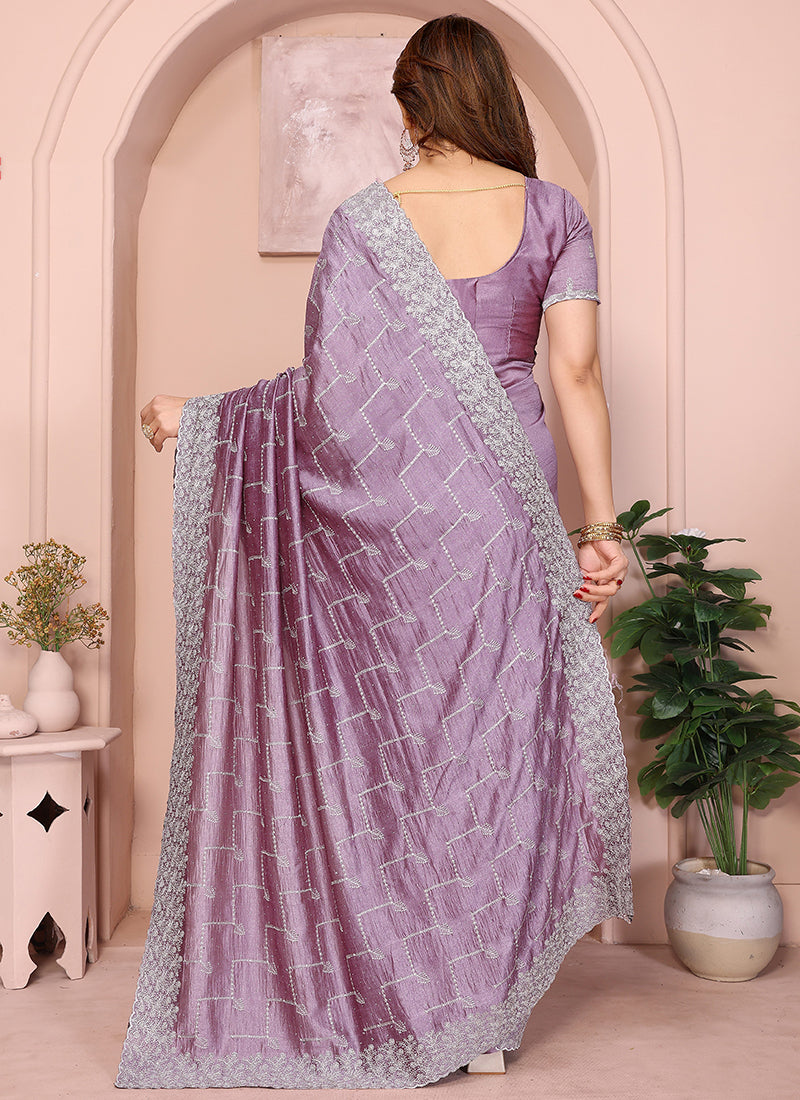 Vellora Dusty Pink Vichitra Embroidery Work Designer Saree | Grocsy