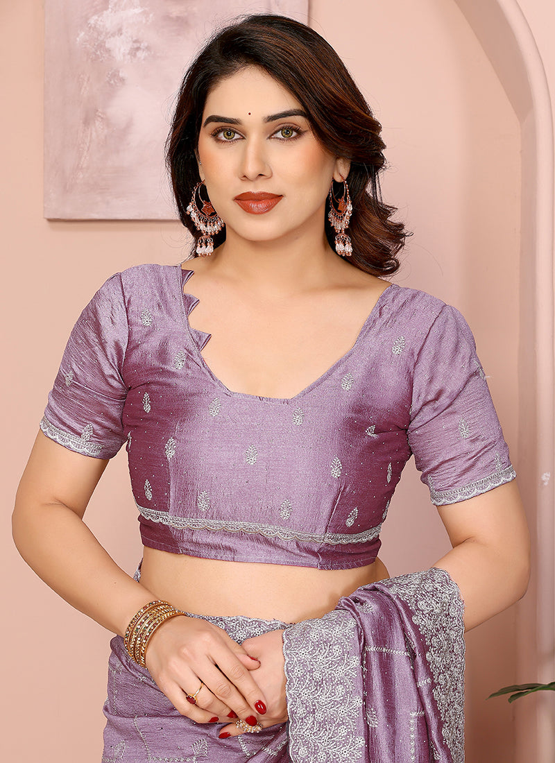 Vellora Dusty Pink Vichitra Embroidery Work Designer Saree | Grocsy