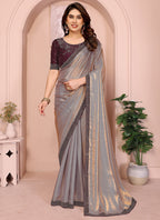 Vellora Grey Fandy Satin Border Work Festival Wear Saree | Grocsy