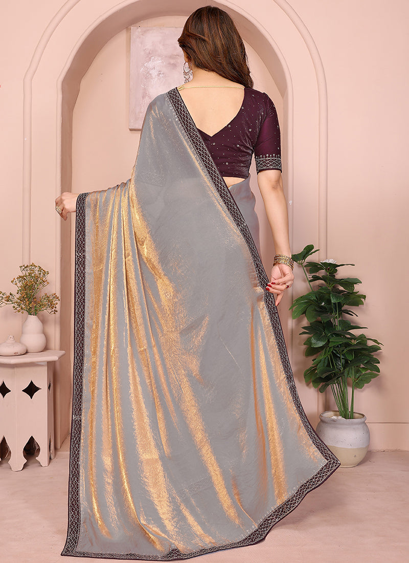 Vellora Grey Fandy Satin Border Work Festival Wear Saree | Grocsy