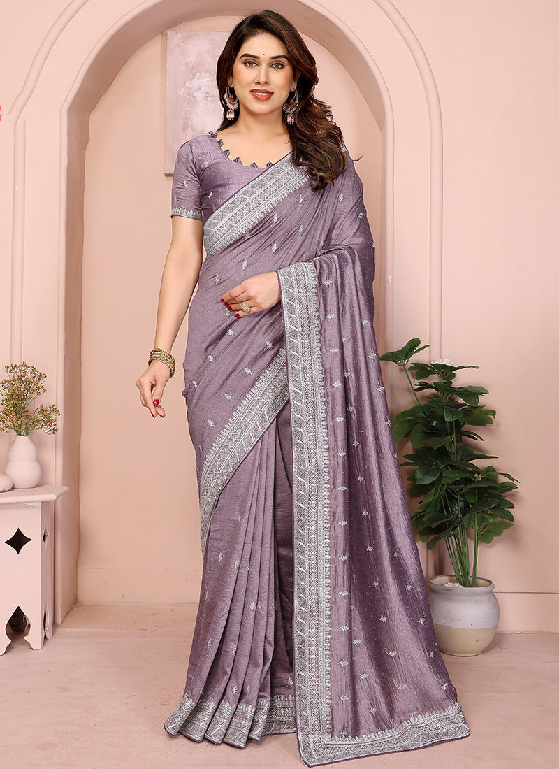 Vellora Lavender Vichitra Embroidery Work Festival Wear Saree | Grocsy