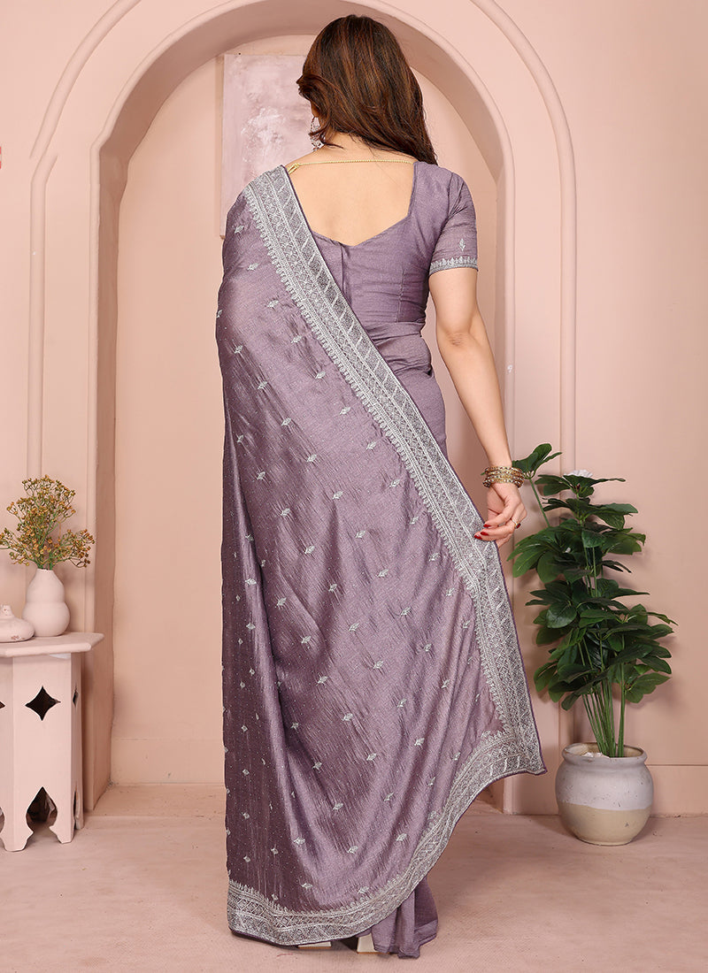 Vellora Lavender Vichitra Embroidery Work Festival Wear Saree | Grocsy