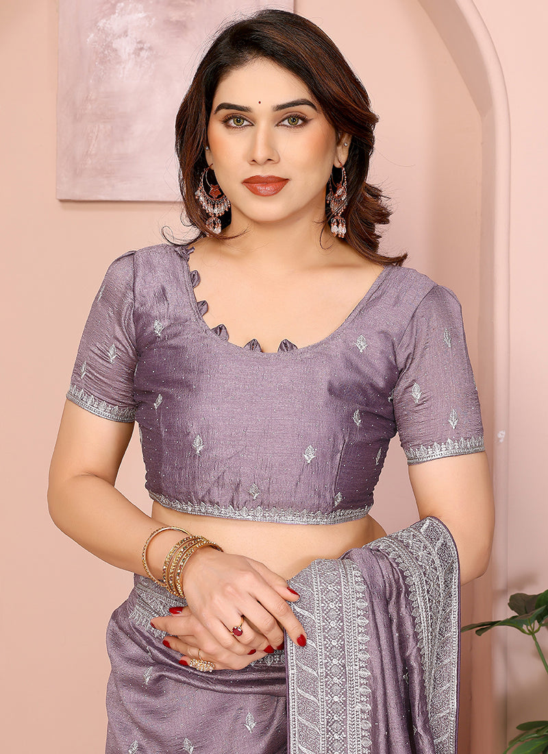 Vellora Lavender Vichitra Embroidery Work Festival Wear Saree | Grocsy