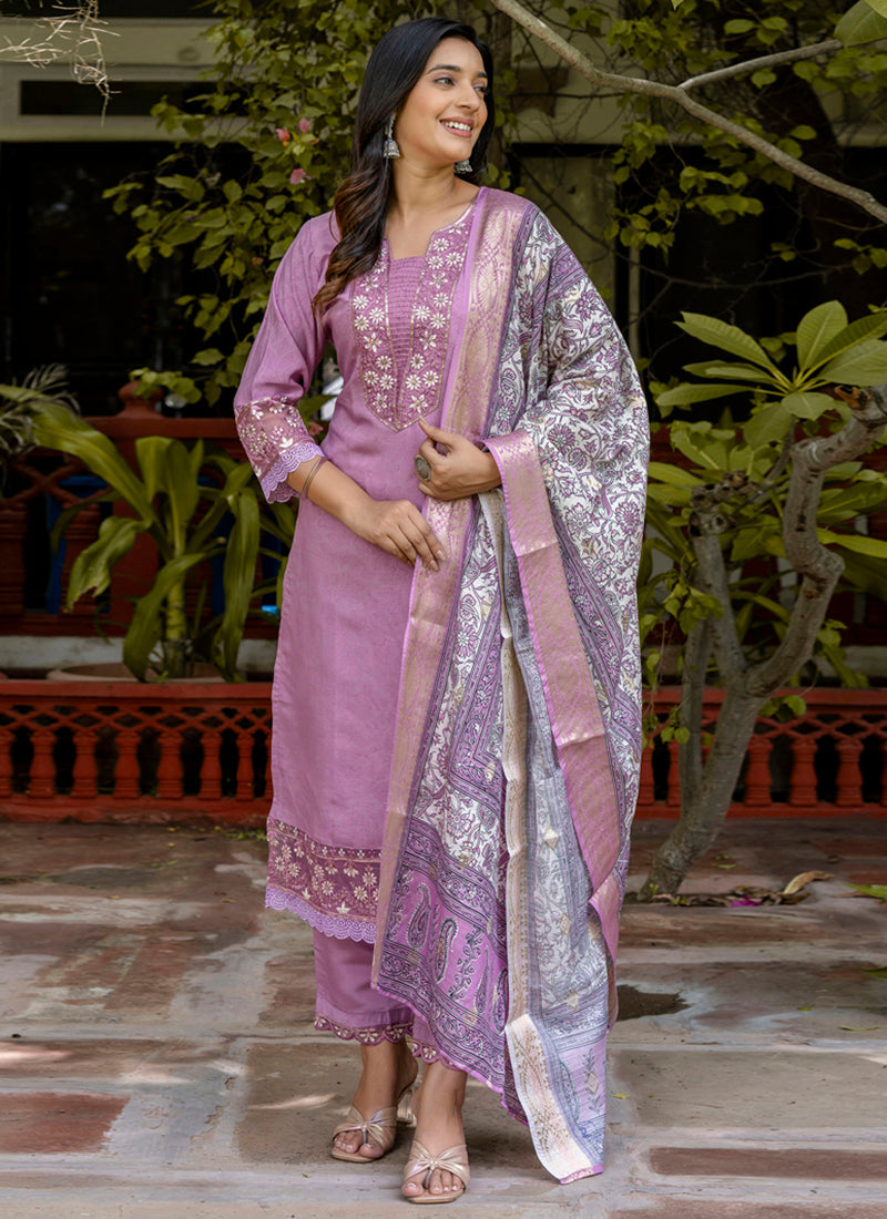 Vellora Silk Blend Lavender Casual Wear Embroidery Work Readymade Salwar Suit | Grocsy