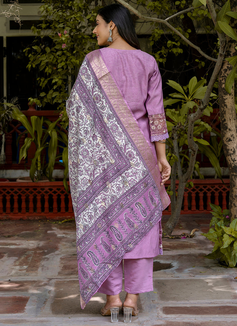 Vellora Silk Blend Lavender Casual Wear Embroidery Work Readymade Salwar Suit | Grocsy
