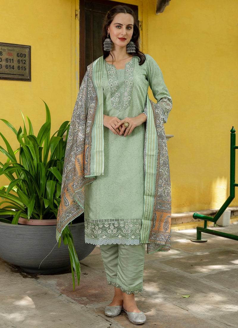 Vellora Silk Blend Pista Casual Wear Embroidery Work Readymade Salwar Suit | Grocsy