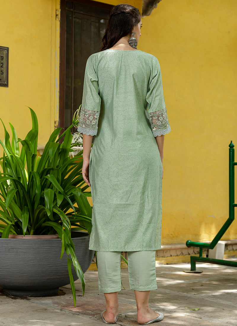 Vellora Silk Blend Pista Casual Wear Embroidery Work Readymade Salwar Suit | Grocsy