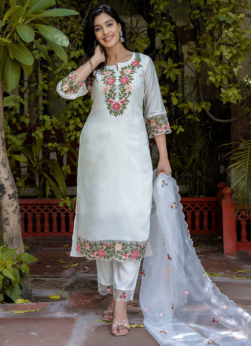 Vellora Silk Blend White Casual Wear Embroidery Work Readymade Salwar Suit | Grocsy