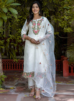 Vellora Silk Blend White Casual Wear Embroidery Work Readymade Salwar Suit | Grocsy