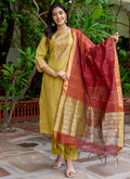 Vellora Cotton Blend Mustard Yellow Casual Wear Foil Print Work Readymade Salwar Suit | Grocsy