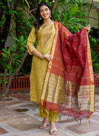 Vellora Cotton Blend Mustard Yellow Casual Wear Foil Print Work Readymade Salwar Suit | Grocsy