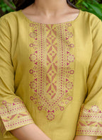 Vellora Cotton Blend Mustard Yellow Casual Wear Foil Print Work Readymade Salwar Suit | Grocsy
