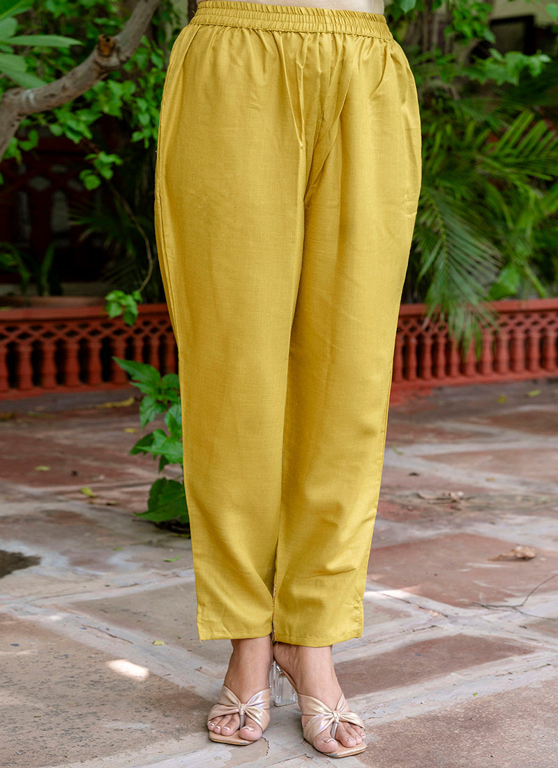 Vellora Cotton Blend Mustard Yellow Casual Wear Foil Print Work Readymade Salwar Suit | Grocsy