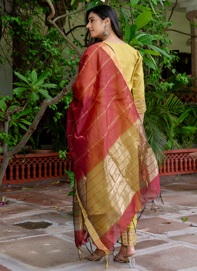 Vellora Cotton Blend Mustard Yellow Casual Wear Foil Print Work Readymade Salwar Suit | Grocsy