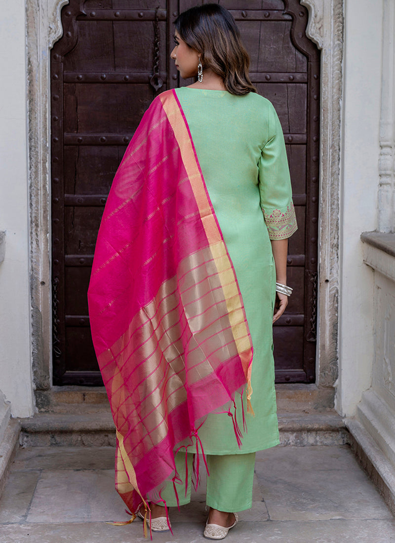 Vellora Cotton Blend Pista Casual Wear Foil Print Work Readymade Salwar Suit | Grocsy