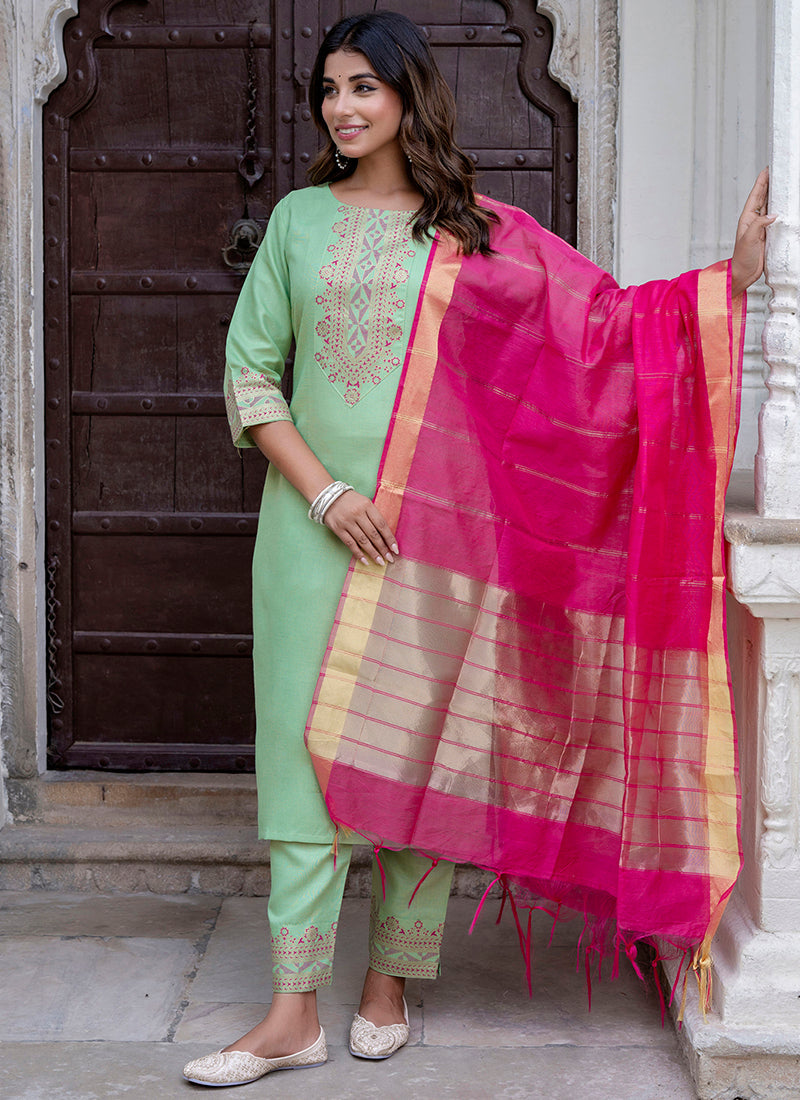Vellora Cotton Blend Pista Casual Wear Foil Print Work Readymade Salwar Suit | Grocsy