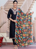 Vellora Silk Blend Black Casual Wear Embroidery Work Readymade Salwar Suit | Grocsy