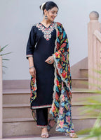 Vellora Silk Blend Black Casual Wear Embroidery Work Readymade Salwar Suit | Grocsy