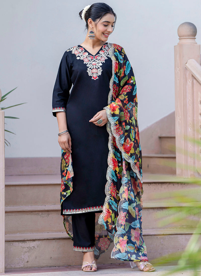 Vellora Silk Blend Black Casual Wear Embroidery Work Readymade Salwar Suit | Grocsy