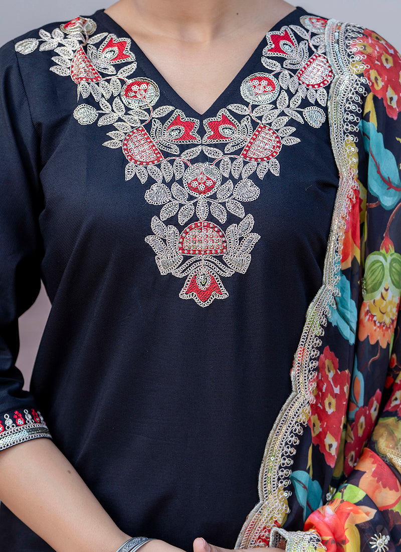 Vellora Silk Blend Black Casual Wear Embroidery Work Readymade Salwar Suit | Grocsy