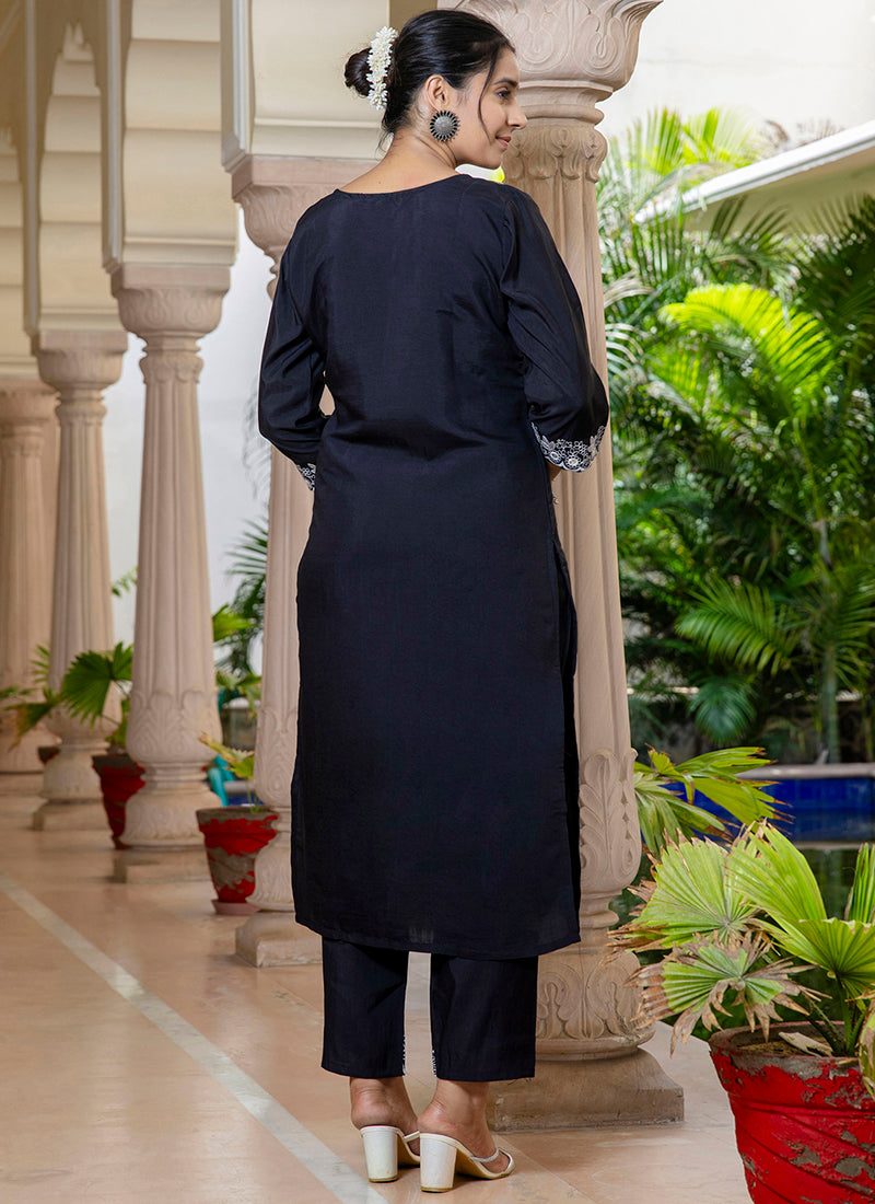 Vellora Silk Blend Black Casual Wear Embroidery Work Readymade Salwar Suit | Grocsy
