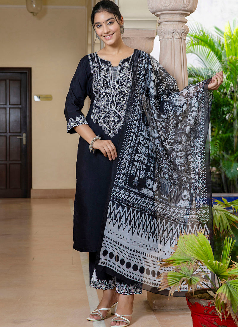 Vellora Silk Blend Black Casual Wear Embroidery Work Readymade Salwar Suit | Grocsy