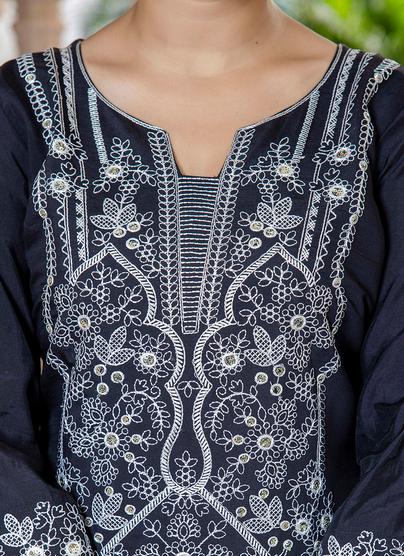 Vellora Silk Blend Black Casual Wear Embroidery Work Readymade Salwar Suit | Grocsy