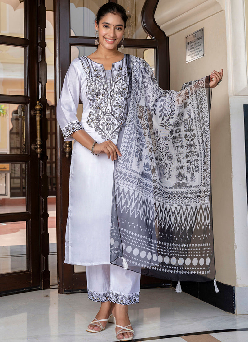 Vellora Silk Blend White Casual Wear Embroidery Work Readymade Salwar Suit | Grocsy