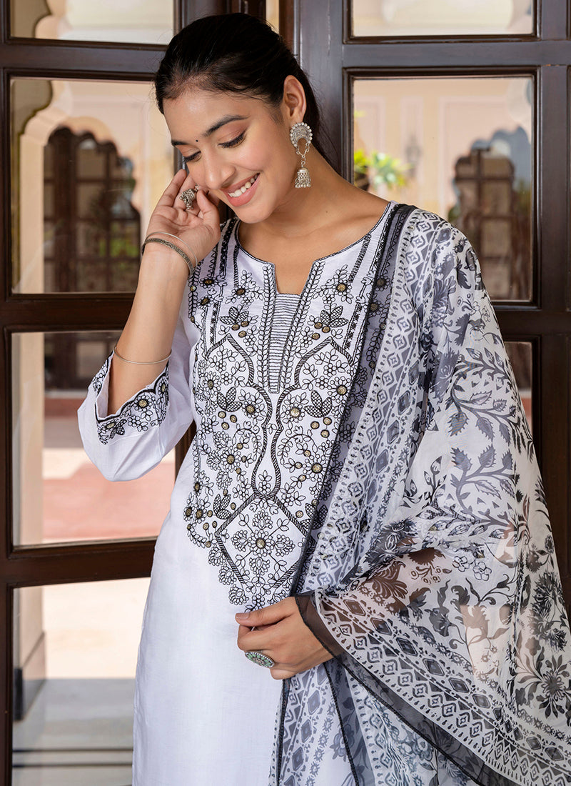 Vellora Silk Blend White Casual Wear Embroidery Work Readymade Salwar Suit | Grocsy