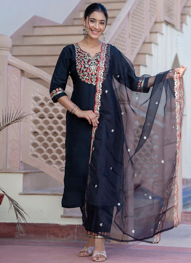 Vellora Silk Blend Black Casual Wear Embroidery Work Readymade Salwar Suit | Grocsy