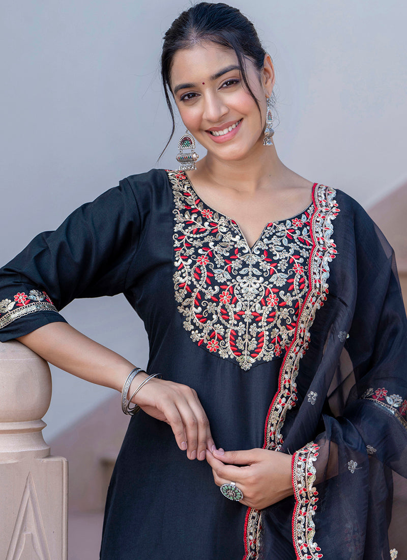 Vellora Silk Blend Black Casual Wear Embroidery Work Readymade Salwar Suit | Grocsy