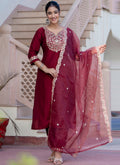 Vellora Silk Blend Maroon Casual Wear Embroidery Work Readymade Salwar Suit | Grocsy