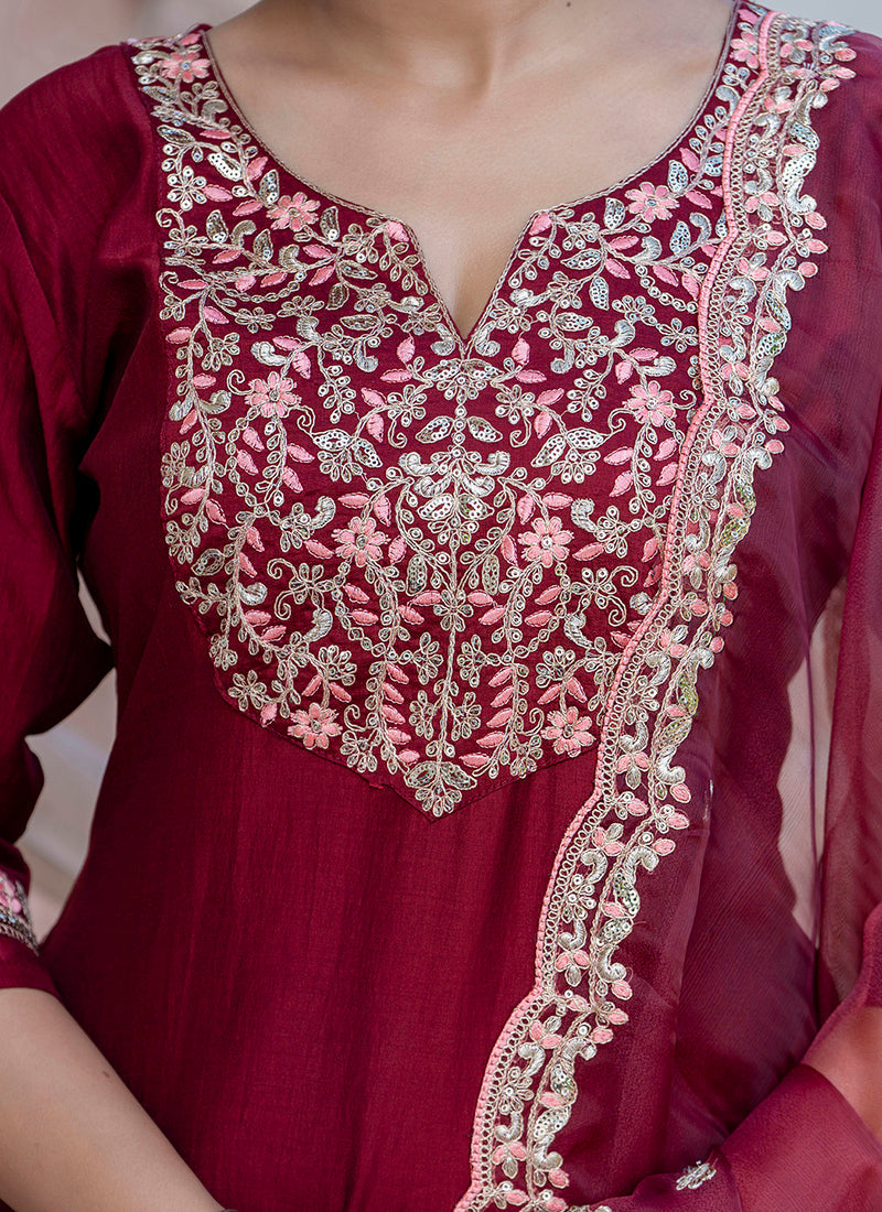 Vellora Silk Blend Maroon Casual Wear Embroidery Work Readymade Salwar Suit | Grocsy