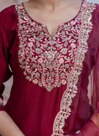Vellora Silk Blend Maroon Casual Wear Embroidery Work Readymade Salwar Suit | Grocsy