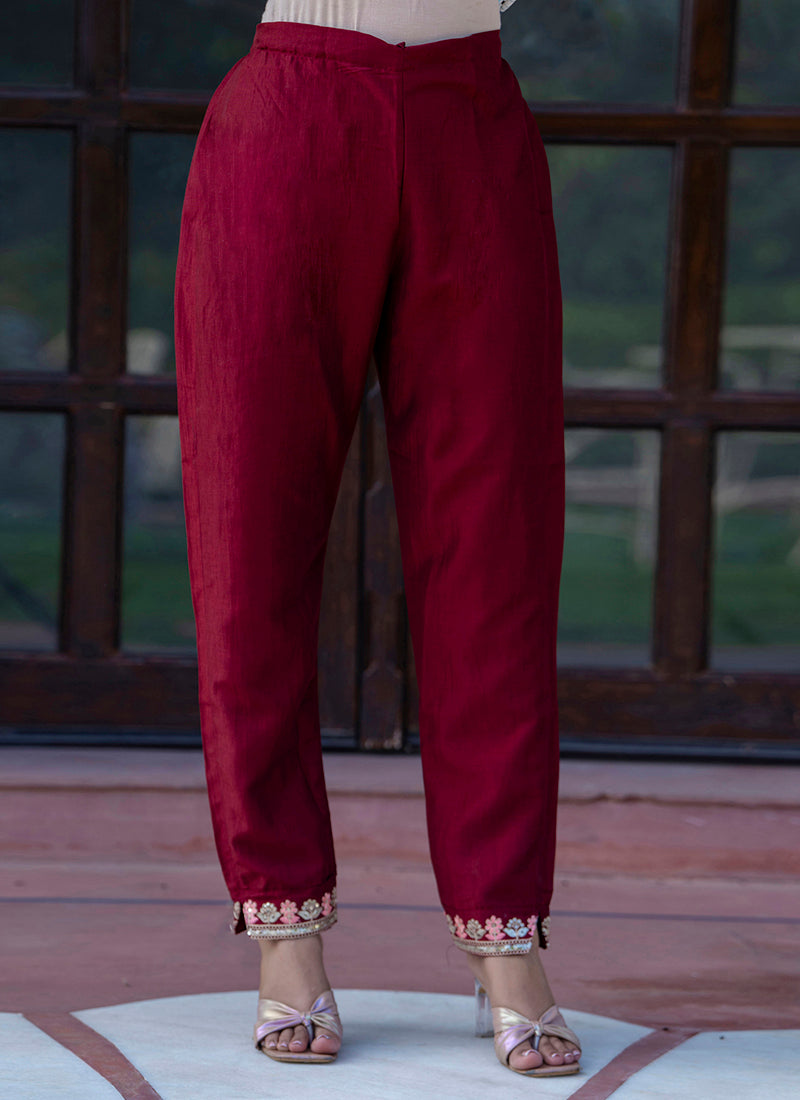 Vellora Silk Blend Maroon Casual Wear Embroidery Work Readymade Salwar Suit | Grocsy
