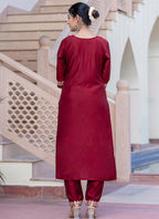 Vellora Silk Blend Maroon Casual Wear Embroidery Work Readymade Salwar Suit | Grocsy