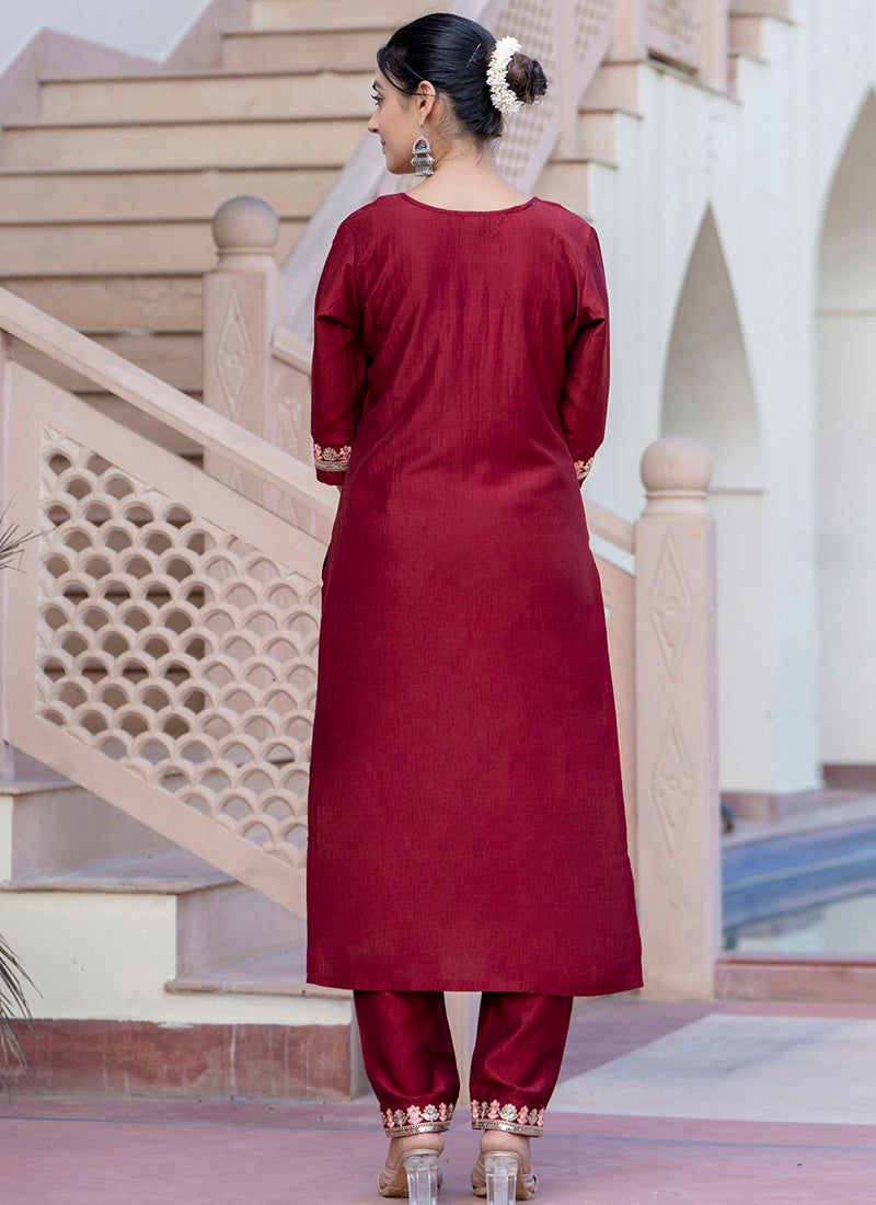 Vellora Silk Blend Maroon Casual Wear Embroidery Work Readymade Salwar Suit | Grocsy