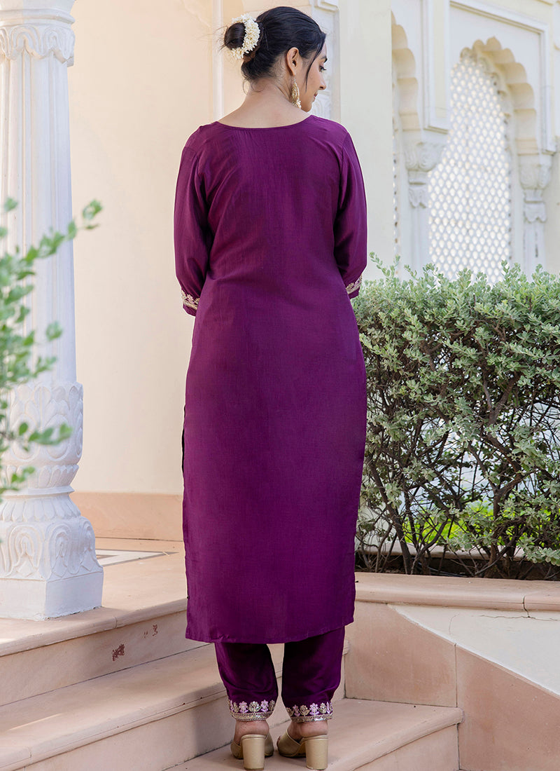 Vellora Silk Blend Magneta Casual Wear Embroidery Work Readymade Salwar Suit | Grocsy