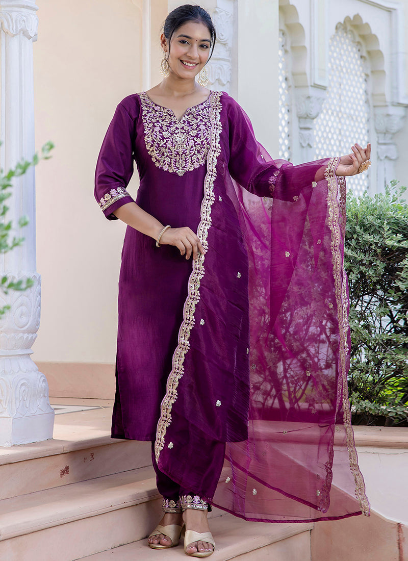 Vellora Silk Blend Magneta Casual Wear Embroidery Work Readymade Salwar Suit | Grocsy