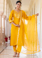 Vellora Silk Blend Mustard Casual Wear Embroidery Work Readymade Salwar Suit | Grocsy